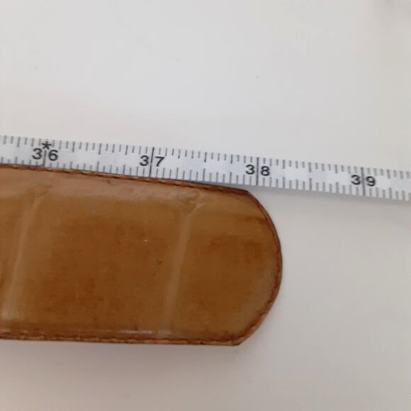 Vintage 80s Reptile Croco Belt Carmel Genuine Leather Gold Coin Buckle Sz L - Picture 8 of 11